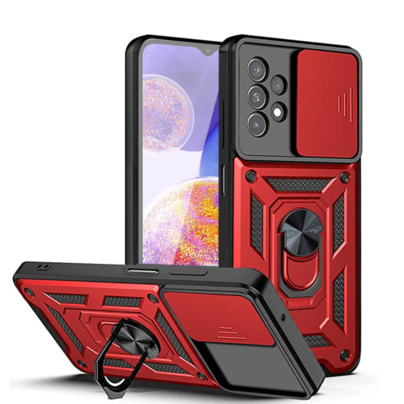 Kickstand Ring Holder with Slide Camera Cover TPU Shockproof Case and Magnetic Car Mount for SAMSUNG GALAXY A23 In Red